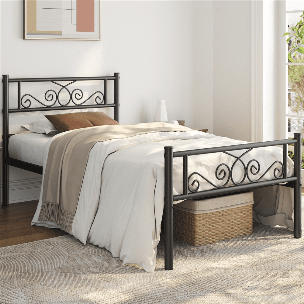Renwick Modern Scroll Metal Platform Twin Bed for Adult, Black