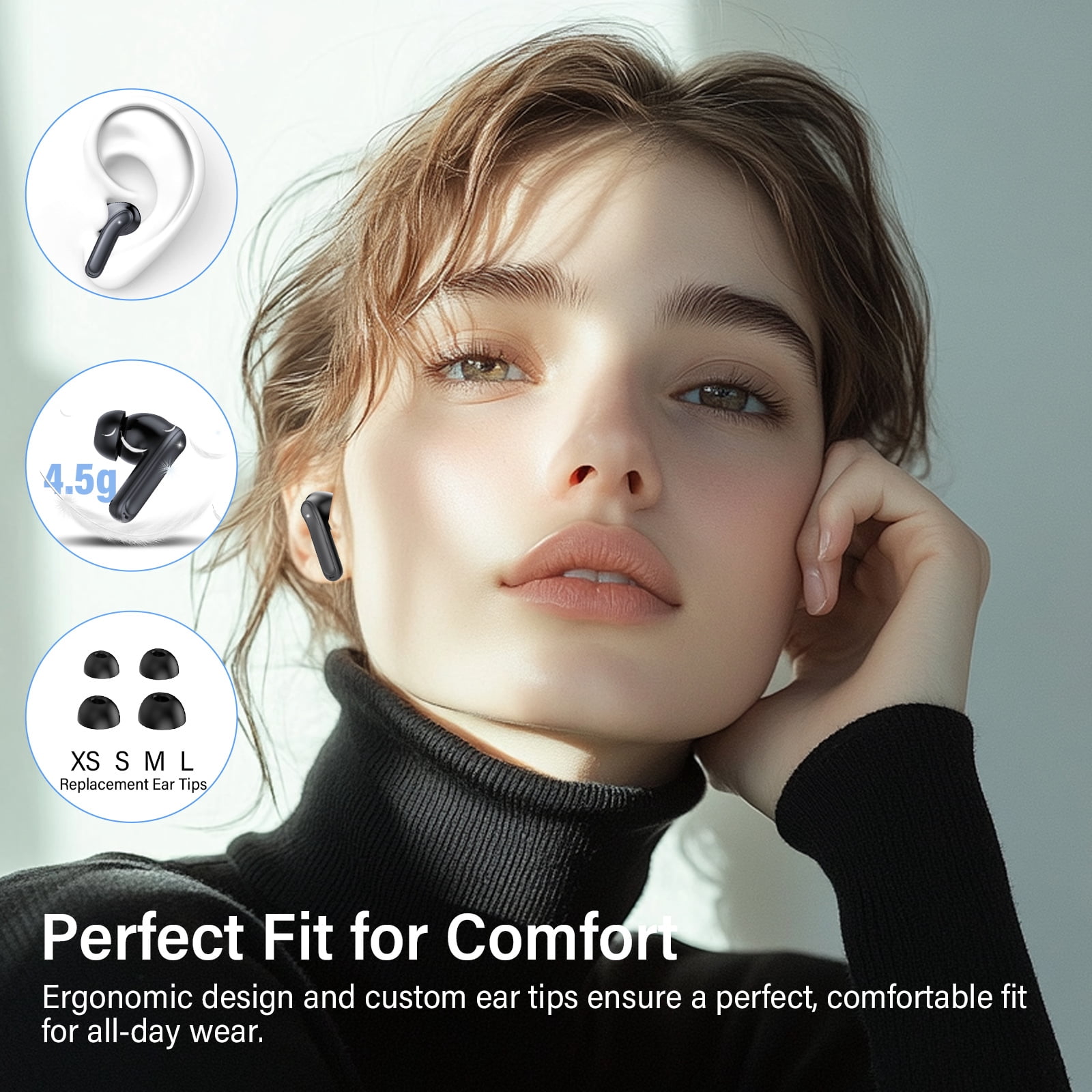 Wireless Earbuds Bluetooth 5.4 Headphone, 48H Deep Bass LED Power Display Earphones with 6 Mic, Clear Call Ear Buds AI Noise Cancelling ,IPX7 Waterproof in-Ear Earbuds for Android IOS