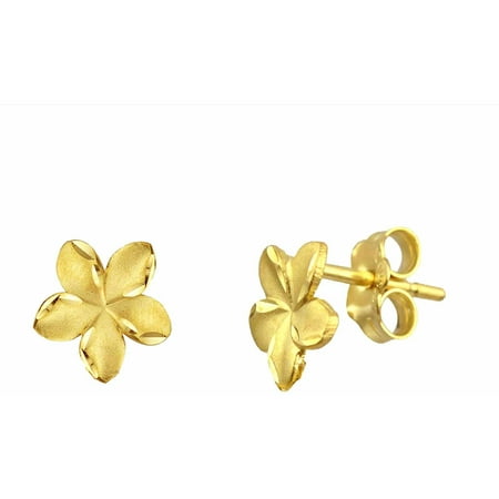 US GOLD 10kt Gold Satin and Diamond-Cut Plumeria Stud Earrings