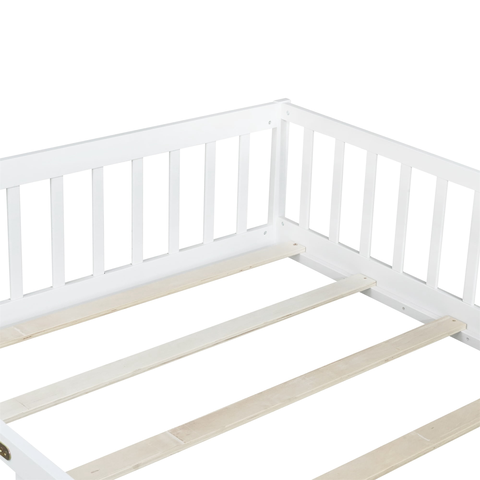 Alvantor Full Size Montessori Floor Bed for Kids with Door and Fence, Rubber Wood Toddler Platform Bed Frame, No Box Spring Needed, White