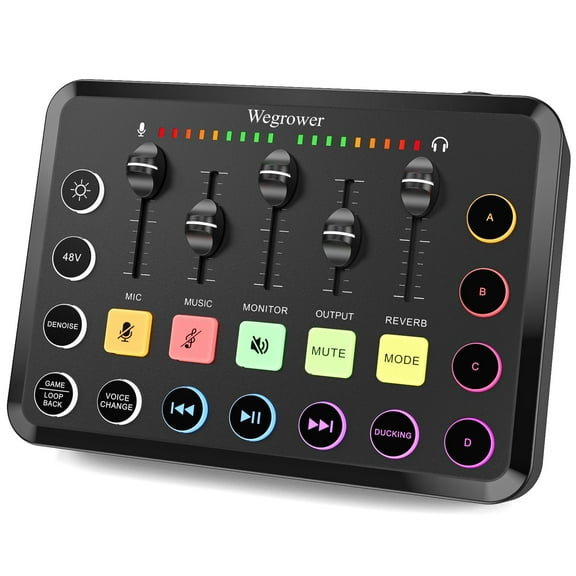Rechargeable Audio Mixer for Gaming & Podcasting - 48V Phantom Power, Dual Mic Inputs, RGB Lighting, 1-Click Noise Cancel, Voice Changer, Plug & Play (W-11)