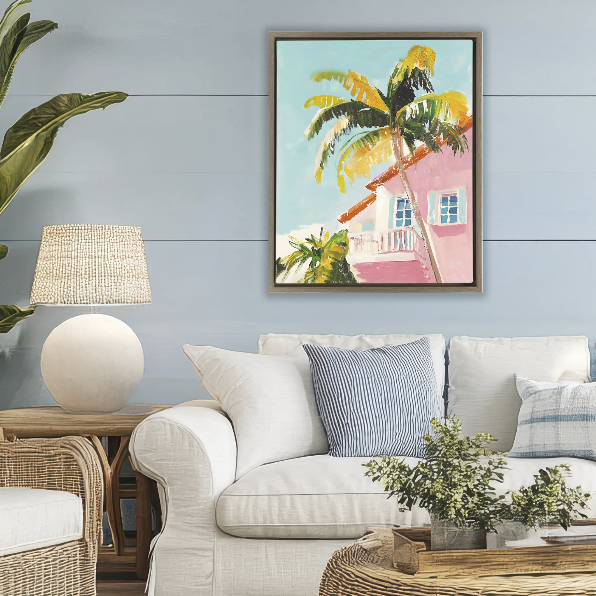 Stupell Industries Pink House Palm Tree Brown Framed Floater Canvas Wall Art, design by The Prints Vibe