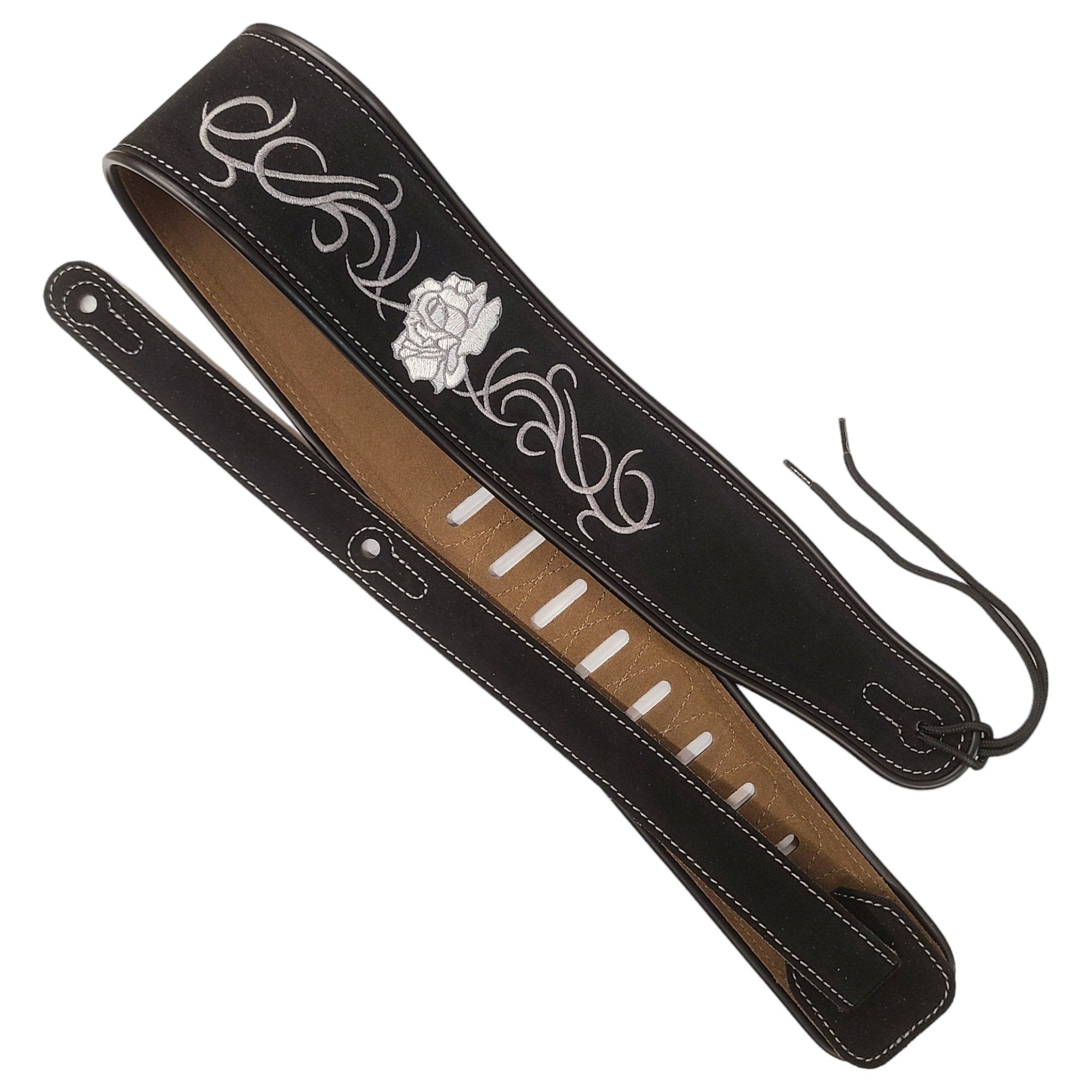 Leather Strap Acoustic Electric Guitar Bass Black Brown Notes Wide Thick Padded Black Suede Flower