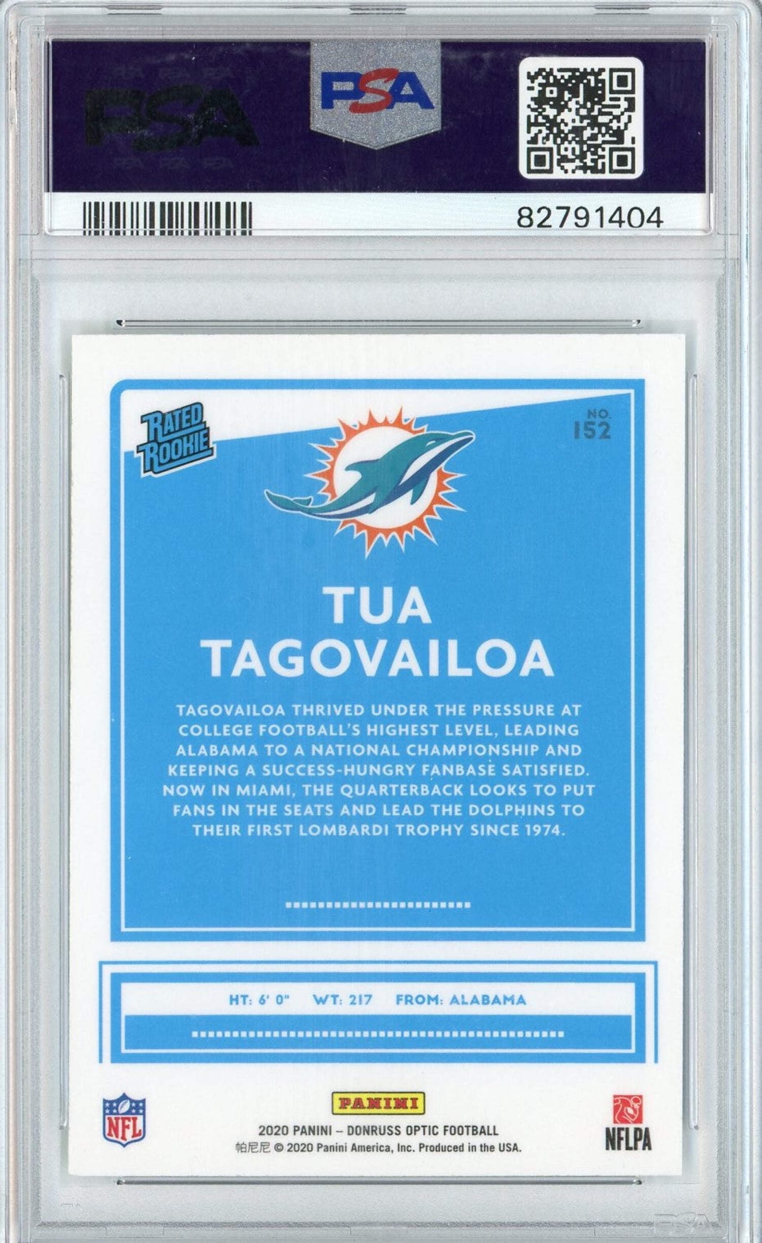 Graded 2020 Panini Donruss Optic Tua Tagovailoa #152 Rookie RC Football Card PSA 10 Gem Mint