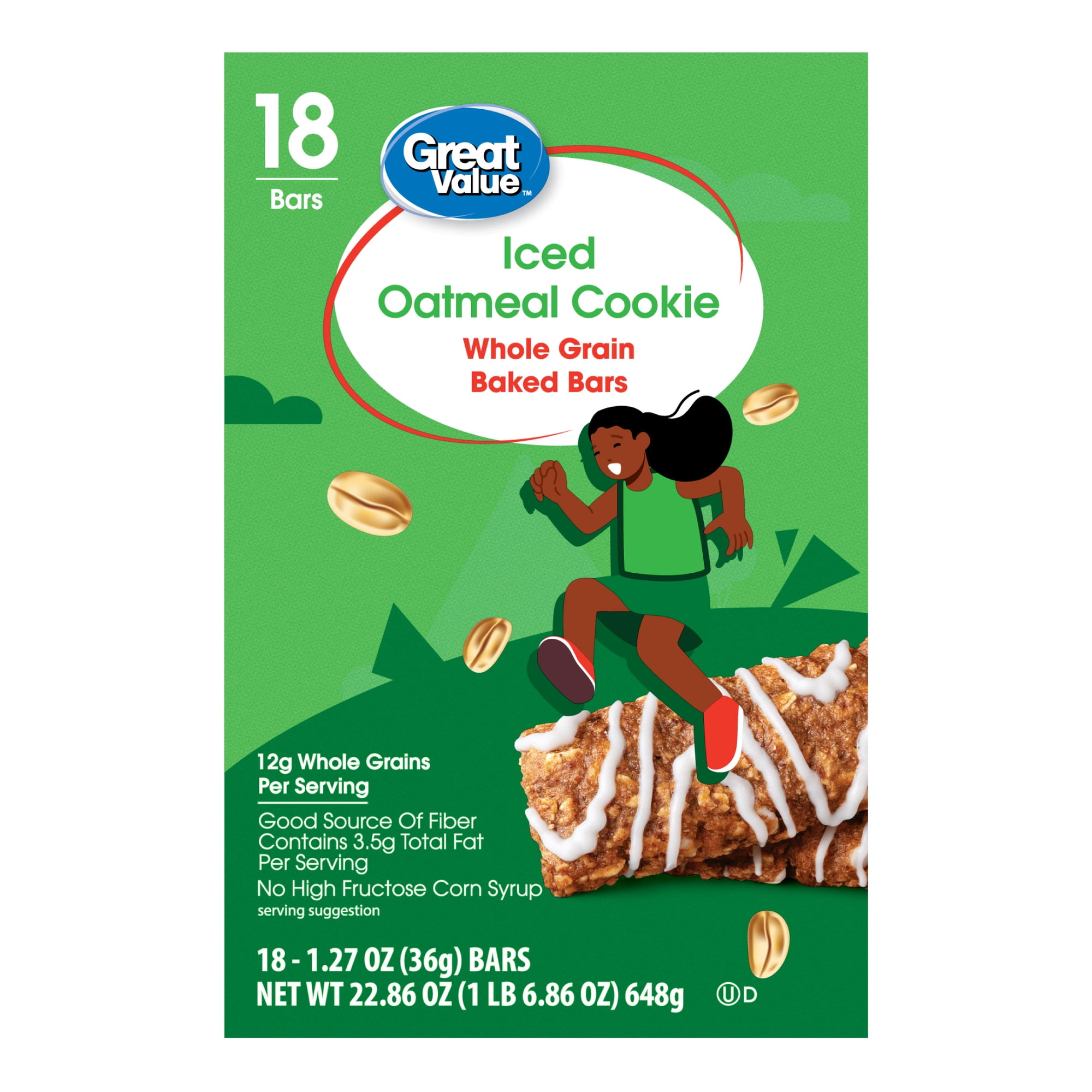 Great Value Iced Oatmeal Whole Grain Baked Bars, 1.27 oz, 18 Count