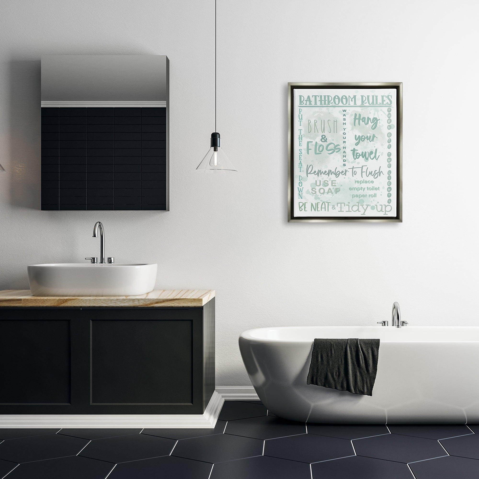 Stupell Industries Green Bathroom Rules Typography Painting Gray Floater Framed Canvas Art Print Wall Art, 25 x 31