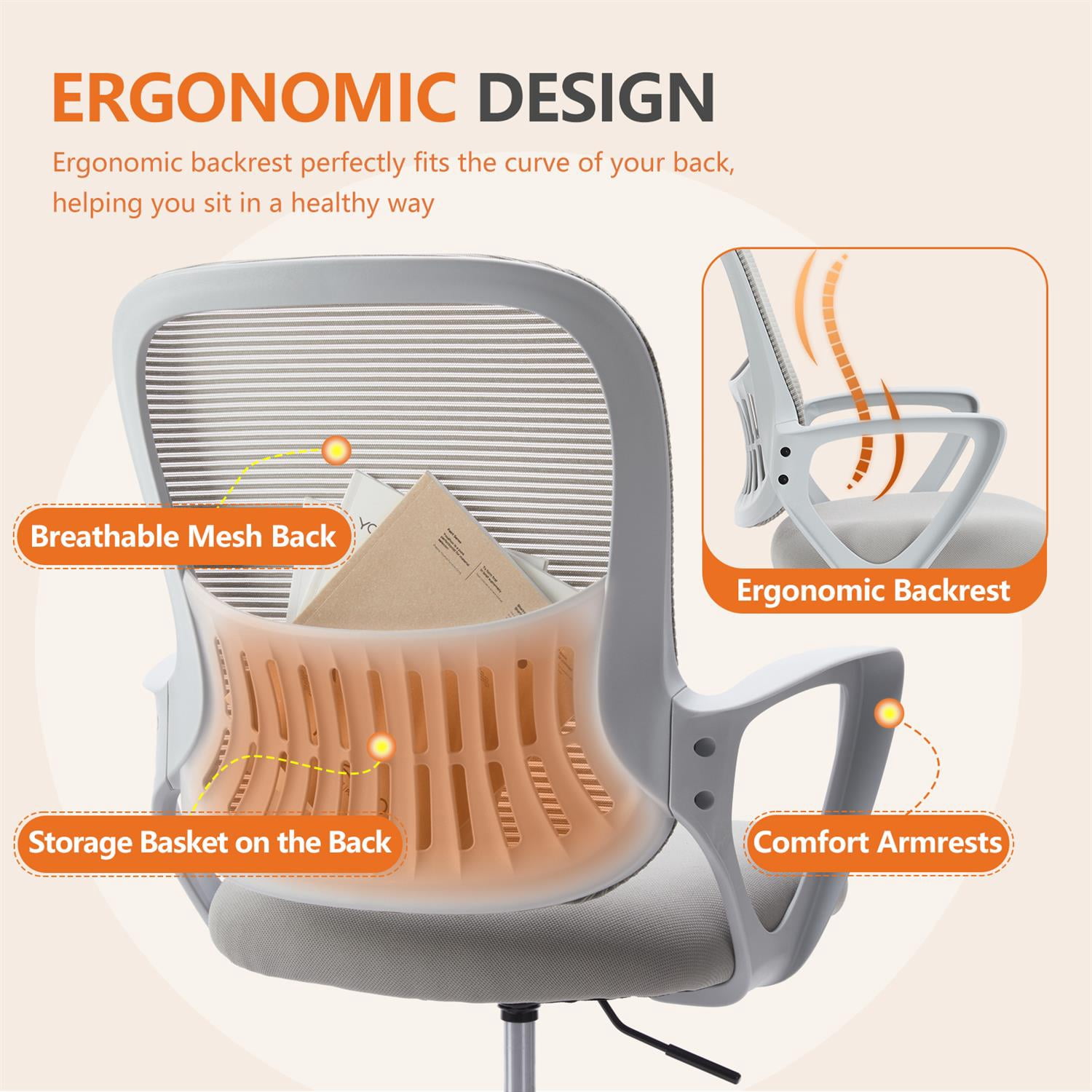 Spaco Tall Office Chair, Counter Height, Adjustable, High-Density Foam, Gray