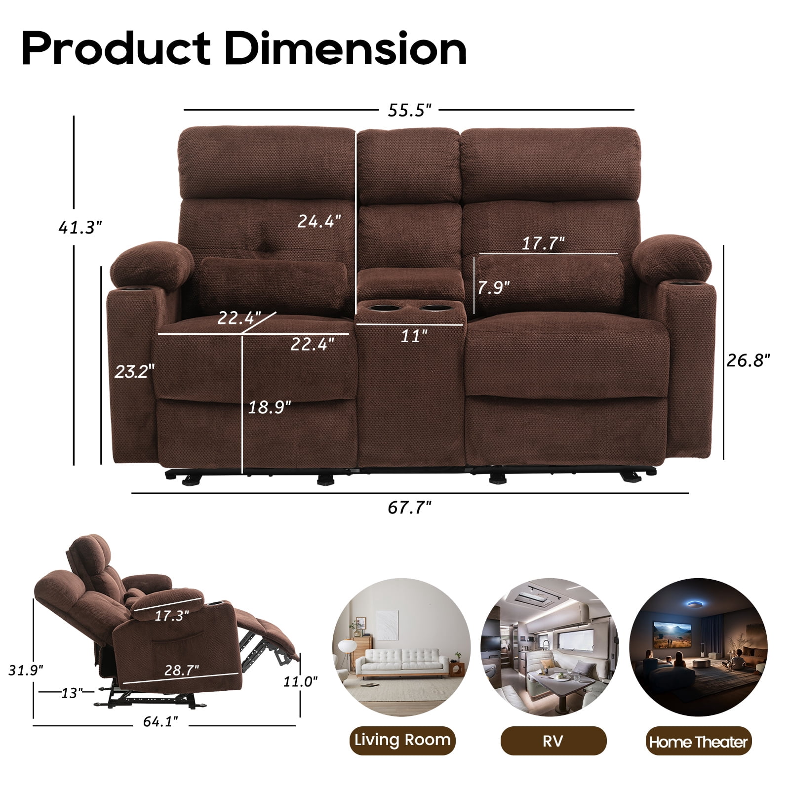 PYOIER Reclining Loveseat Sofa With Massage & Heating, Grey