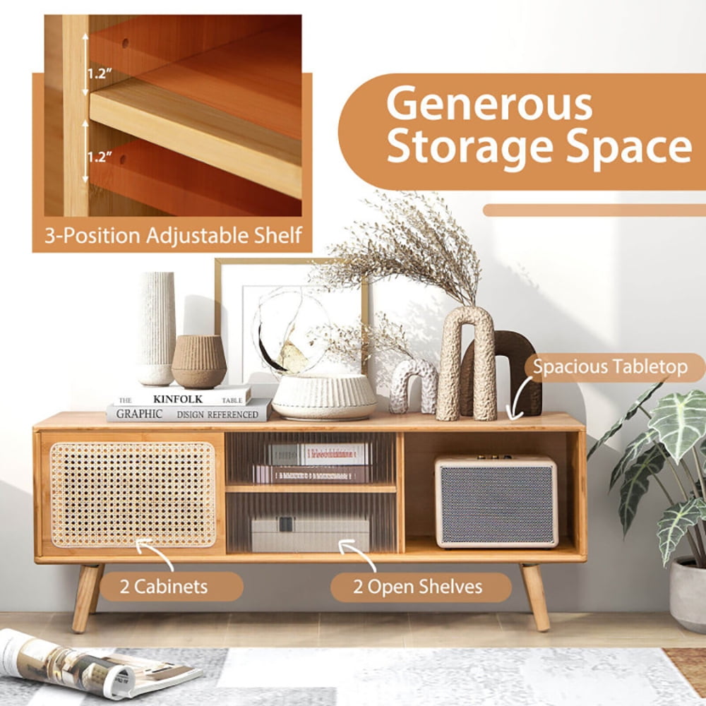 Finihen TV Stand, TV Cabinet, Modern TV Stand with Rattan Glass Sliding Doors, for Living Room, Natural