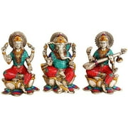 Lakshmi Ganesha Saraswati - Set of Three Statues - Brass Statue with Inlay