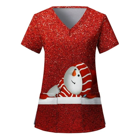 

TAIAOJING Women Scrubs Top Ladies Casual Loose V Neck Christmas Print Short Sleeve Pocket Loose Top Workwear