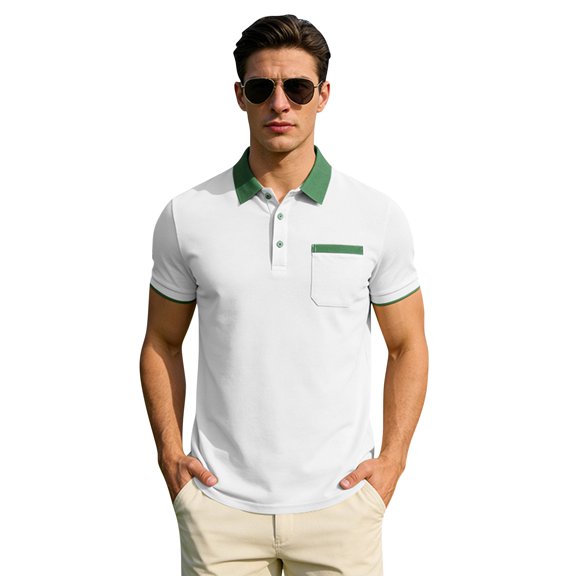 longantii Mens Polo Shirts Stylish Button-Down Short Sleeve Shirts Comfortable Cotton Color Block Pullovers Summer Streetwear Tops with Pocket White XXXXL