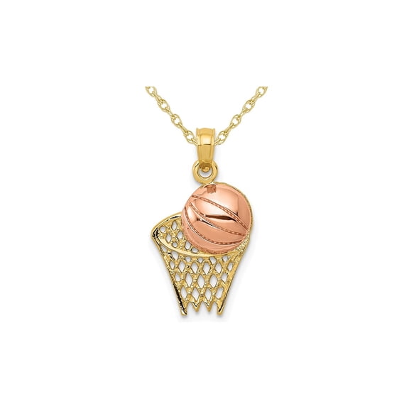 14K Yellow and Rose Gold Basketball & Hoop Pendant Necklace with Chain for Women