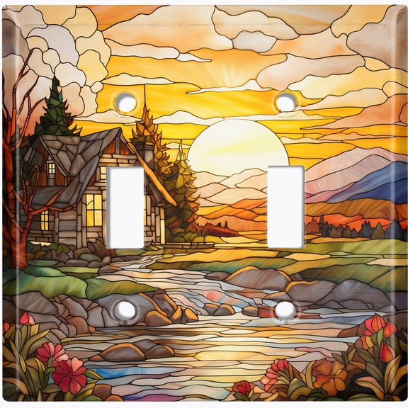 Metal Light Switch Wall Plate Outlet Cover (Printed Image of Homestead with Sunset - Double Toggle)