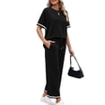 thumbnail image 5 of GIPQJK Two Piece Sets for Women Short Sleeve Crew Neck Casual Clothing Drawstring Striped Baggy Pants Summer Solid Color Outfits,Black S, 5 of 6
