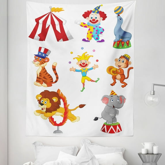 Cartoon Tapestry, Cartoon Style Composition of Circus Theme Art Wild Animals and Performer, Fabric Wall Hanging Decor for Bedroom Living Room Dorm, 5 Sizes, Multicolor, by Ambesonne