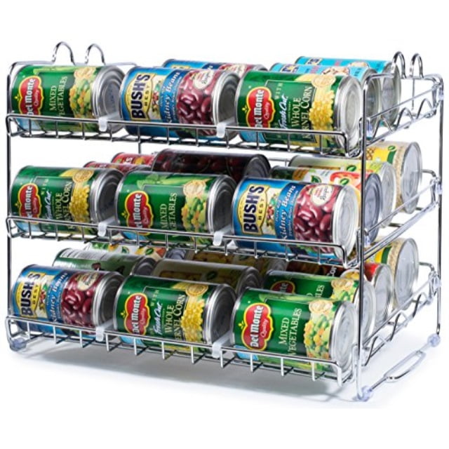 stackable can rack organizer, storage for 36 cans - great for the pantry shelf, kitchen cabinet or counter-top. stack another set on top to double your storage capacity. (chrome finish) Images stackable can rack organizer, storage for 36 cans - great for the pantry shelf, kitchen cabinet or counter-top. stack another set on top to double your storage capacity. (chrome finish)
