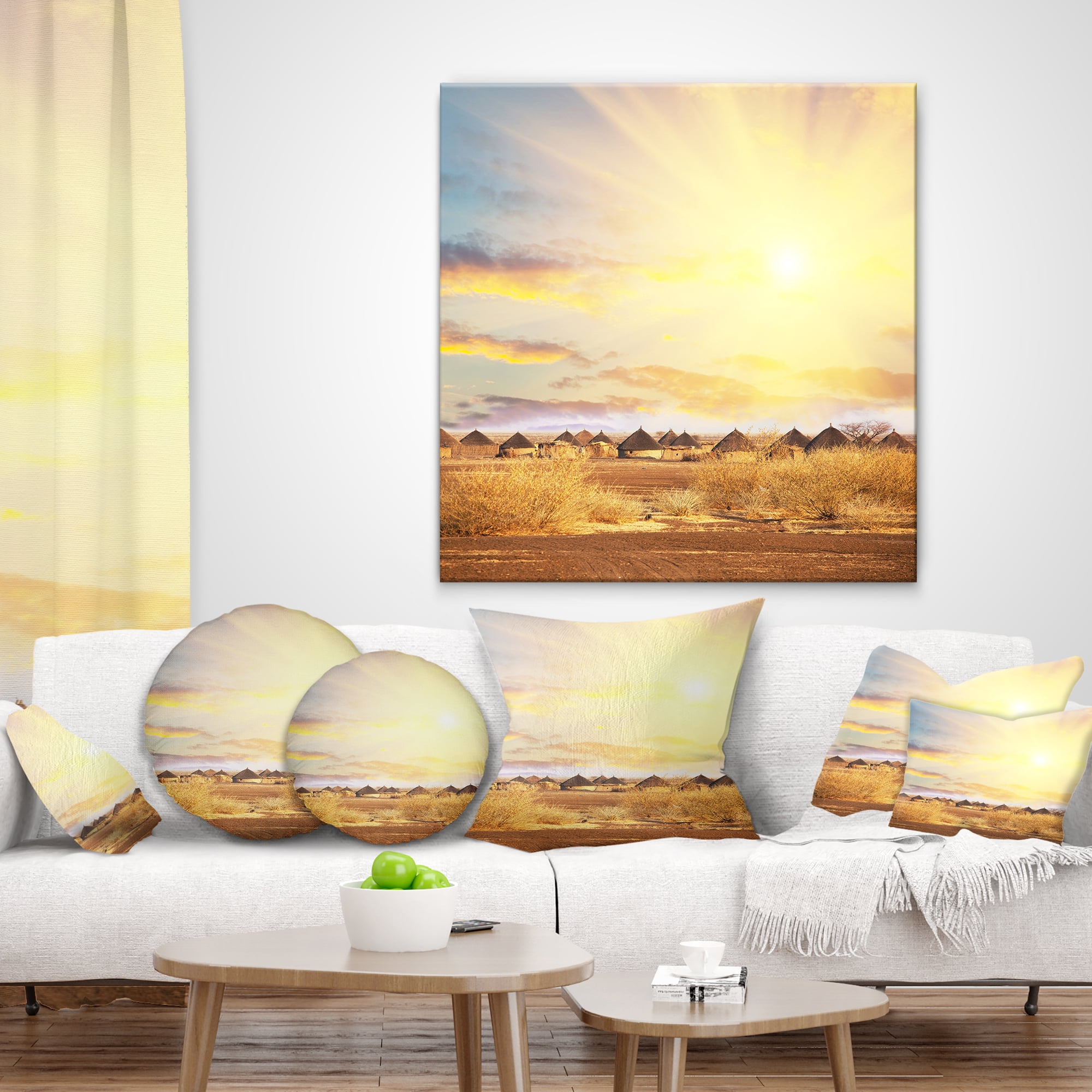 Designart African Huts under Colorful Sky - Landscape Printed Throw Pillow - 18x18