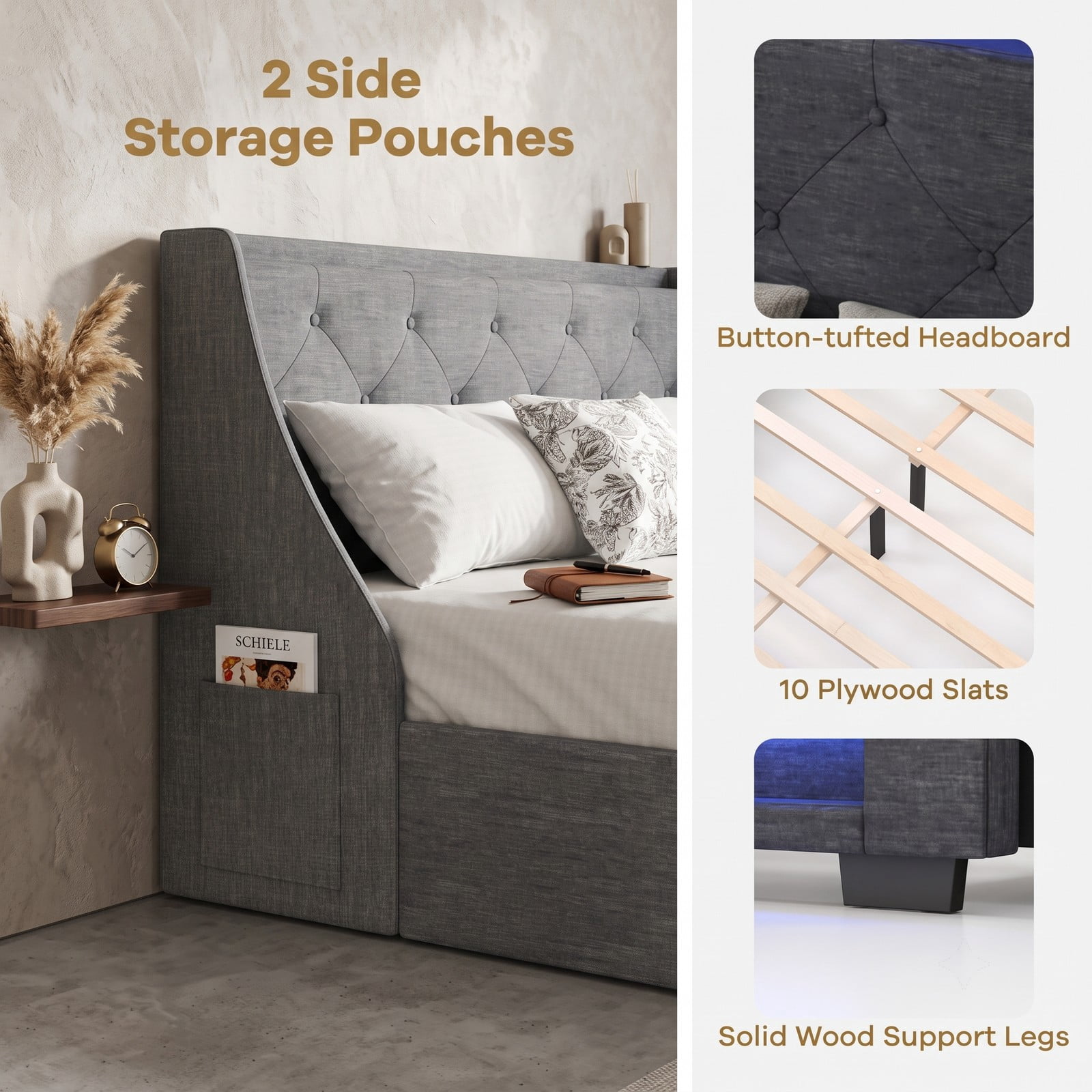 Furnibear Full Size Bed Frame Upholstered Platform Bed with LED Lights, Wingback Headboard and 4 Storage Drawers, USB Charging, Gray