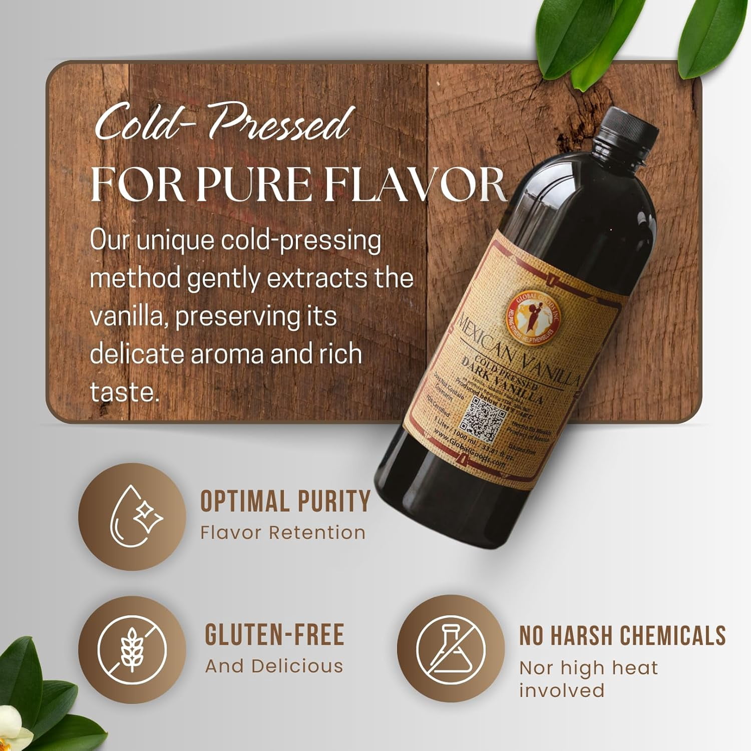 Pure Dark Mexican Vanilla Extract Gluten Free Vanilla for Baking Cakes, Cookies, Desserts, Coffee & Beverages Natural, Bold Flavour 33.81 fl oz bottle