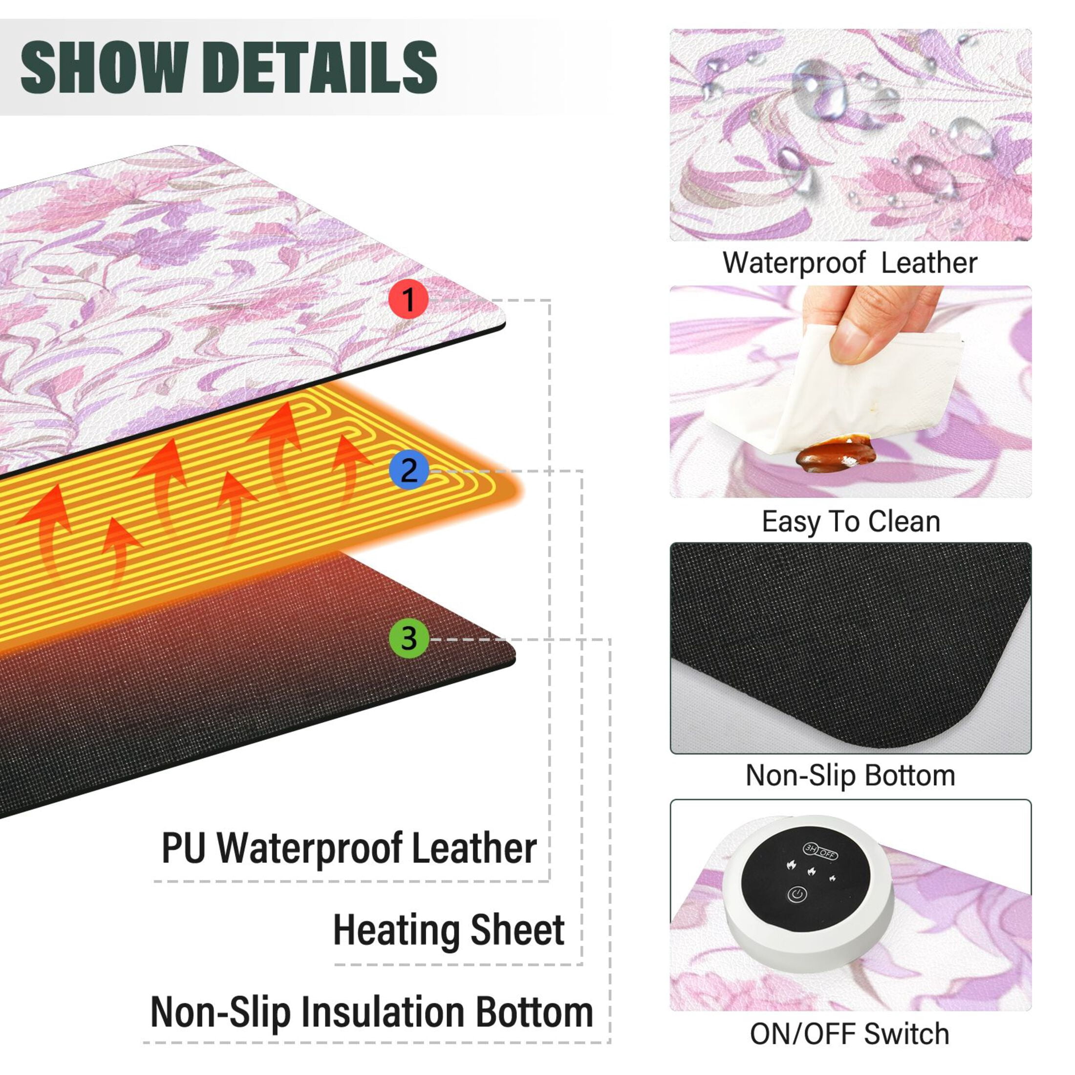 Large Heated Desk Mat Mouse Pad 31.5"x13"PU Leather Graphene Heating Desk Warmer with 3 Temperature Settings 110V US Plug Non-Slip Warm Pad for Home, Office, and Gaming Pink Colors Whimsical Flowers