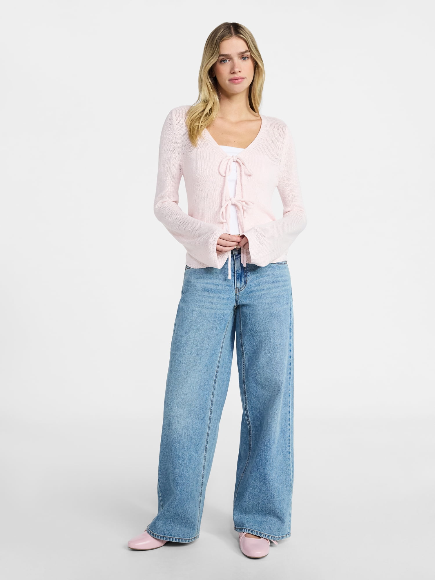 No Boundaries Tie Front V-Neck Cardigan with Bell Sleeves, Women's & Women's Plus XXS-4X
