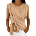 thumbnail image 3 of Arlun Womens Linen Wrap Tank Tops 2026 Ruched Tie Side Sleeveless Crew Neck Shirt Casual Summer Beach Blouse Elegant Solid Color Lightweight Comfy Going out Top 1-Khaki L, 3 of 5