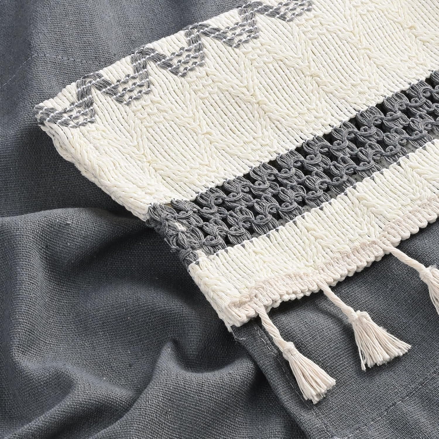 Alishomtll Boho Linen Light Filtering Curtains 63 Inches Long Farmhouse Rustic Striped Drapes Macrame Burlap ,Rod Pocket  ,Gray ,with Tassel