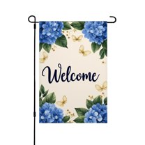 AMHNF Linen Garden Flag with Blue Hydrangeas and Butterflies for Spring Summer Home Outdoor Garden Yard Door Decor 12x18 inch