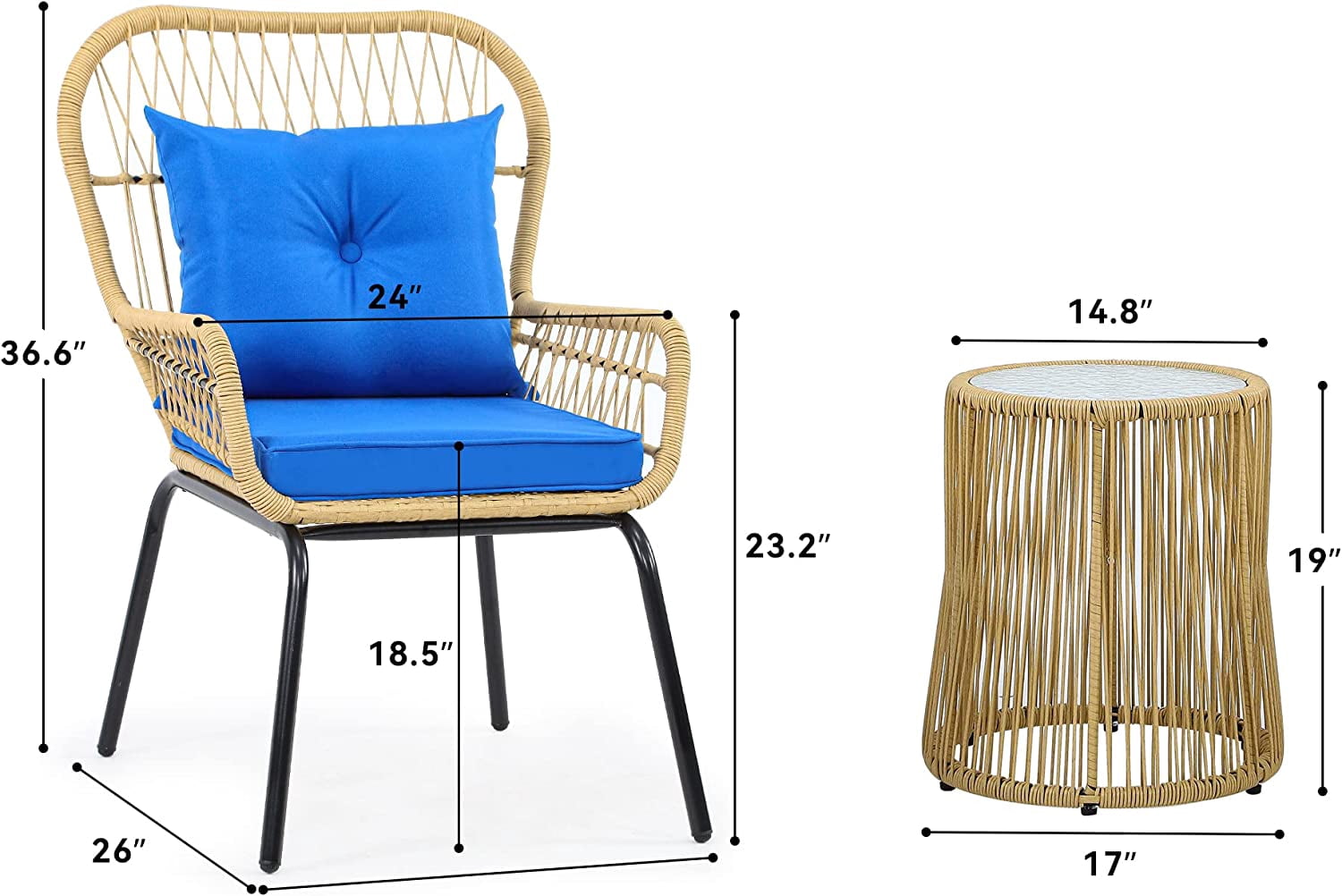 Dextrus 3-Piece Outdoor Patio Furniture Wicker Bistro Set, All-Weather Rattan Conversation Chairs for Backyard, Balcony and Deck with Soft Cushions, Glass Side Table (Light Brown+Navy Blue)