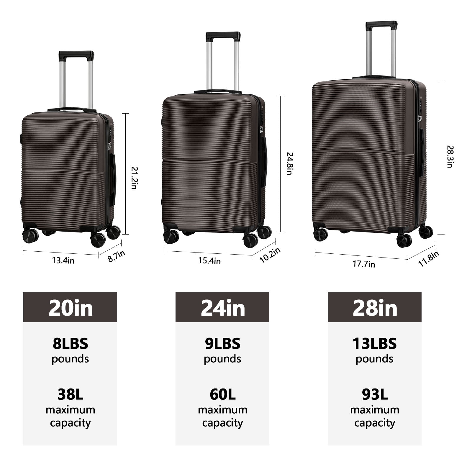 Hikolayae Hardside Spinner Luggage Sets in Coffee Brown, 3 Piece, TSA Lock