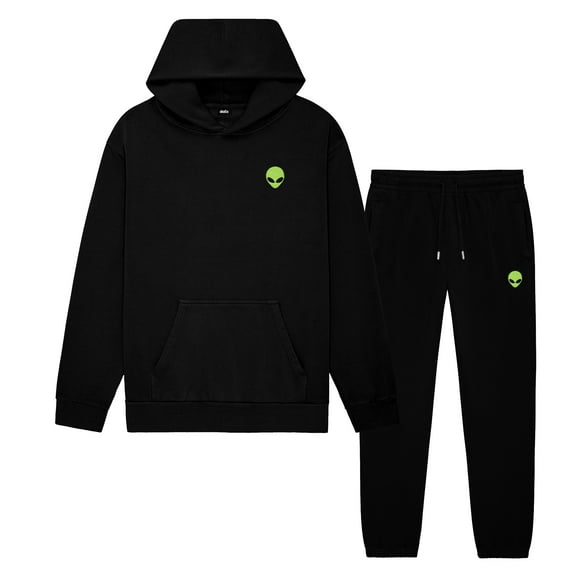 Dalix Alien Embroidery Relaxed Sweatsuit Set Hoodie Jogger Soft Fleece Relaxed Fit Lounge Mens in Black XS X-Small