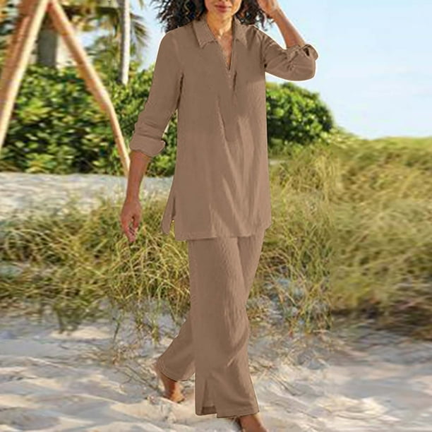 ICHUANYI Clearance Fashion Women Summer Casual Solid Long Sleeve Blouses Botton Turndown Collar Tops Long Pants(Brown, XXL) ICHUANYI WER2023080811763