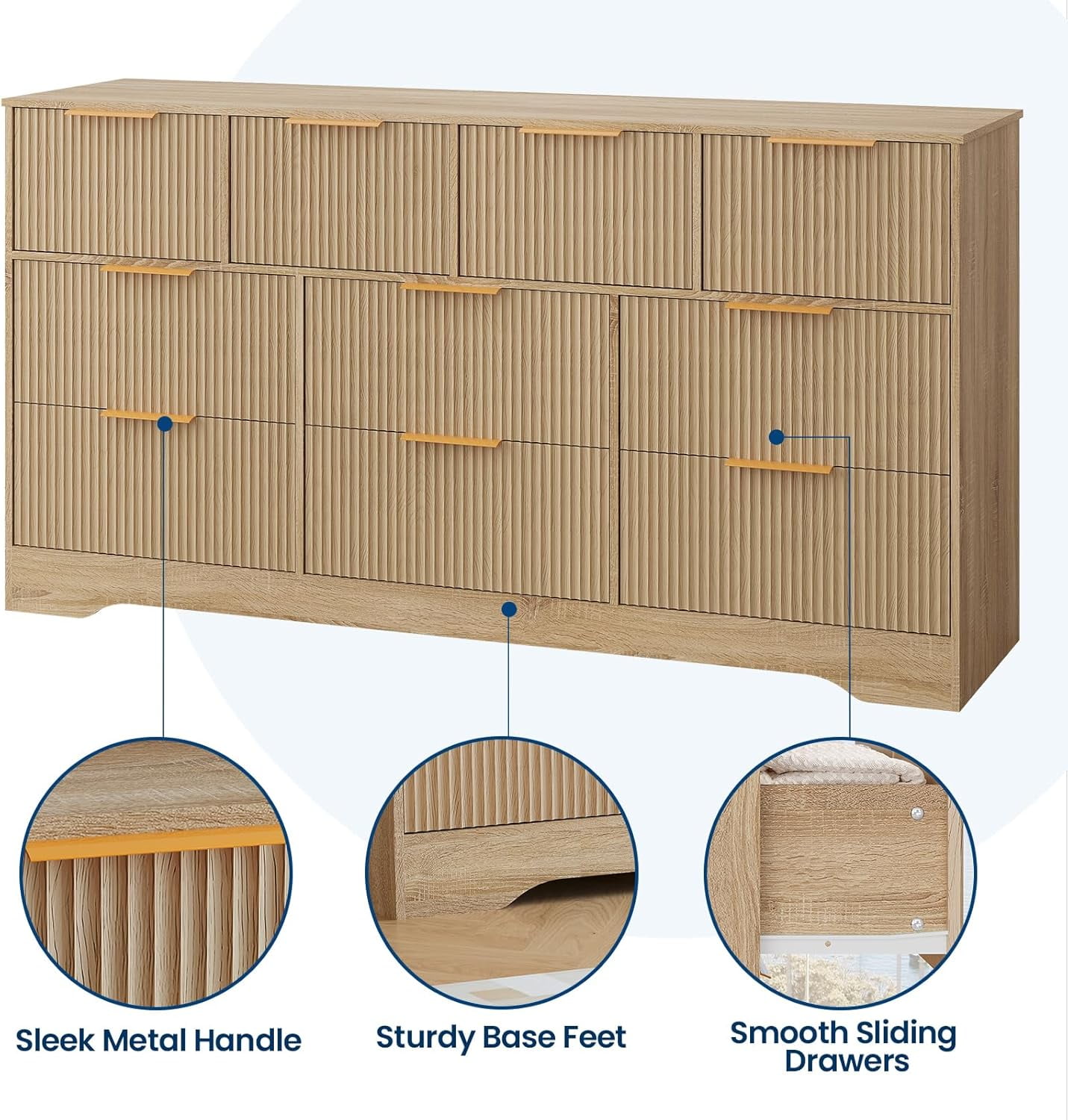 Fluted Design 10-Drawer Dresser - 59" Wide Modern Wood Chest for Bedroom, Living Room TV Stand or Hallway Storage Organizer with Wood Frame, Natural