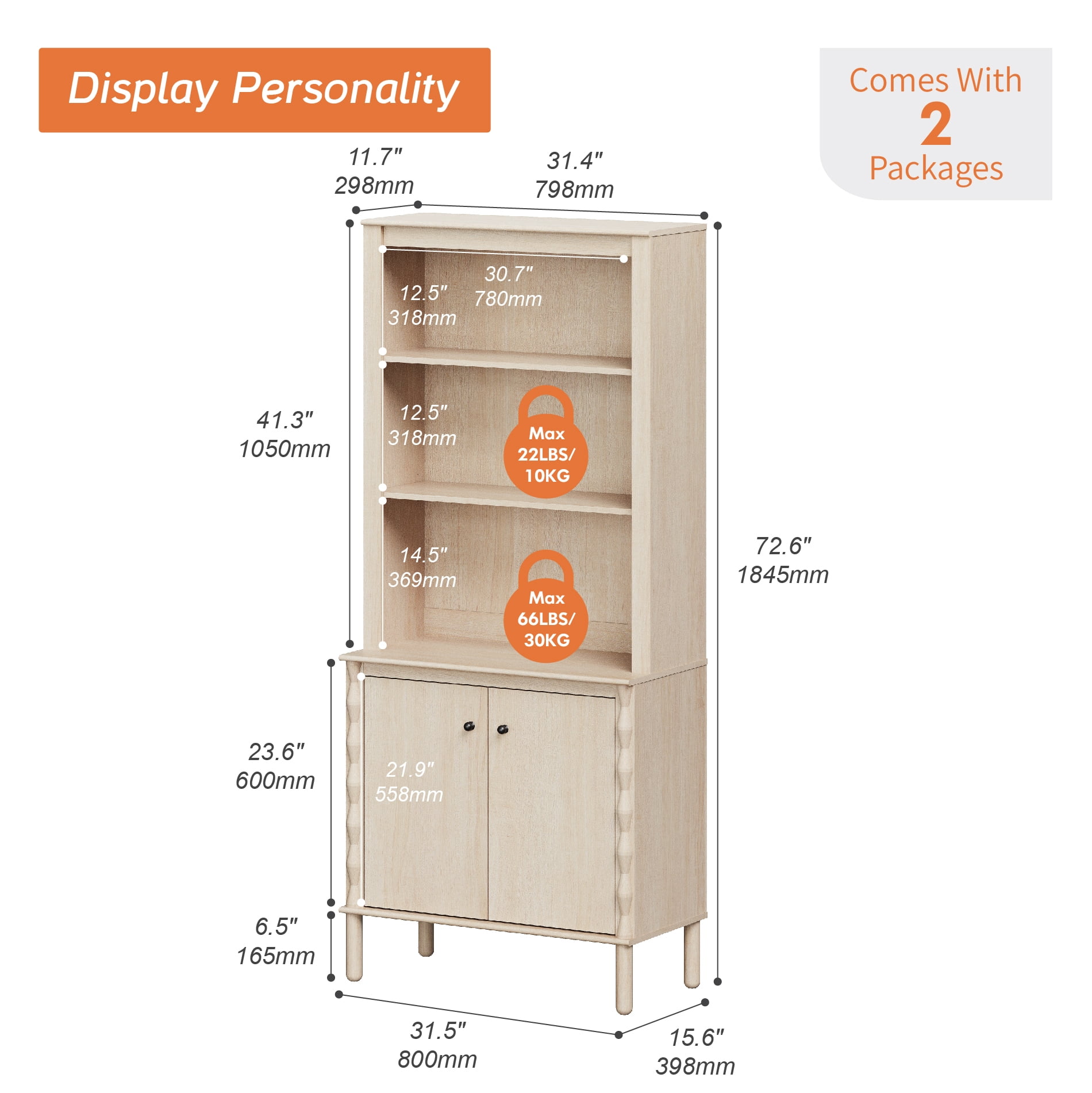 72" Tall Bookcase with Open BookShelves and Door Cabient,Natural
