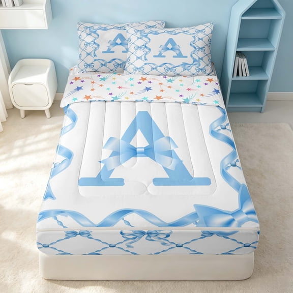 Erosebridal Letter A Zipper Twin Comforter Sets with Fitted Sheet and 2 Pillowcases, Chic Ribbon Zipper Bedding Set, Stars Reversible, Baby Blue, Stars Reversible