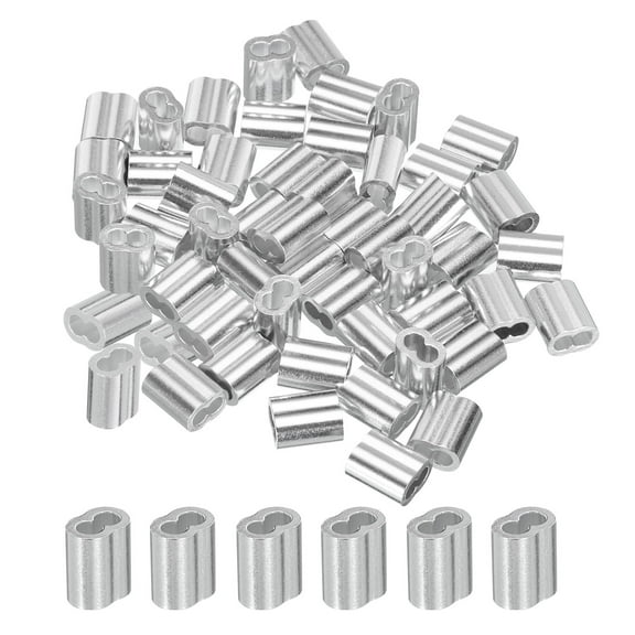 1/8" 3mm Aluminum Crimping Loop Sleeve Double Ferrule for Wire Rope Cable Line End, Silver 50 Pack