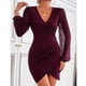 thumbnail image 2 of Vestido ajustado con escote en V, mangas farol y dobladillo cruzado en color rojo vino para mujer, talla S, 2 of 6