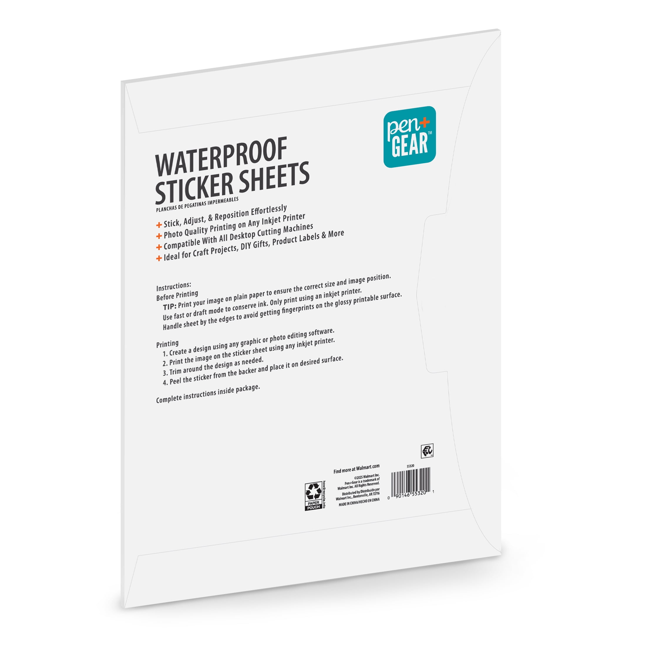 Pen+Gear Waterproof and Repositionable Sticker Paper, 8.5" x 11", 10 Sheets, White