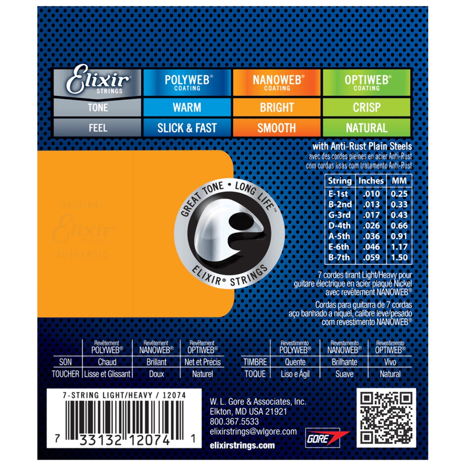 Elixir Strings, Electric Guitar Strings, Nickel Plated Steel with NANOWEB Coating, Longest-Lasting Bright Tone with Comfortable Feel, 7 String Light/Heavy 10-59