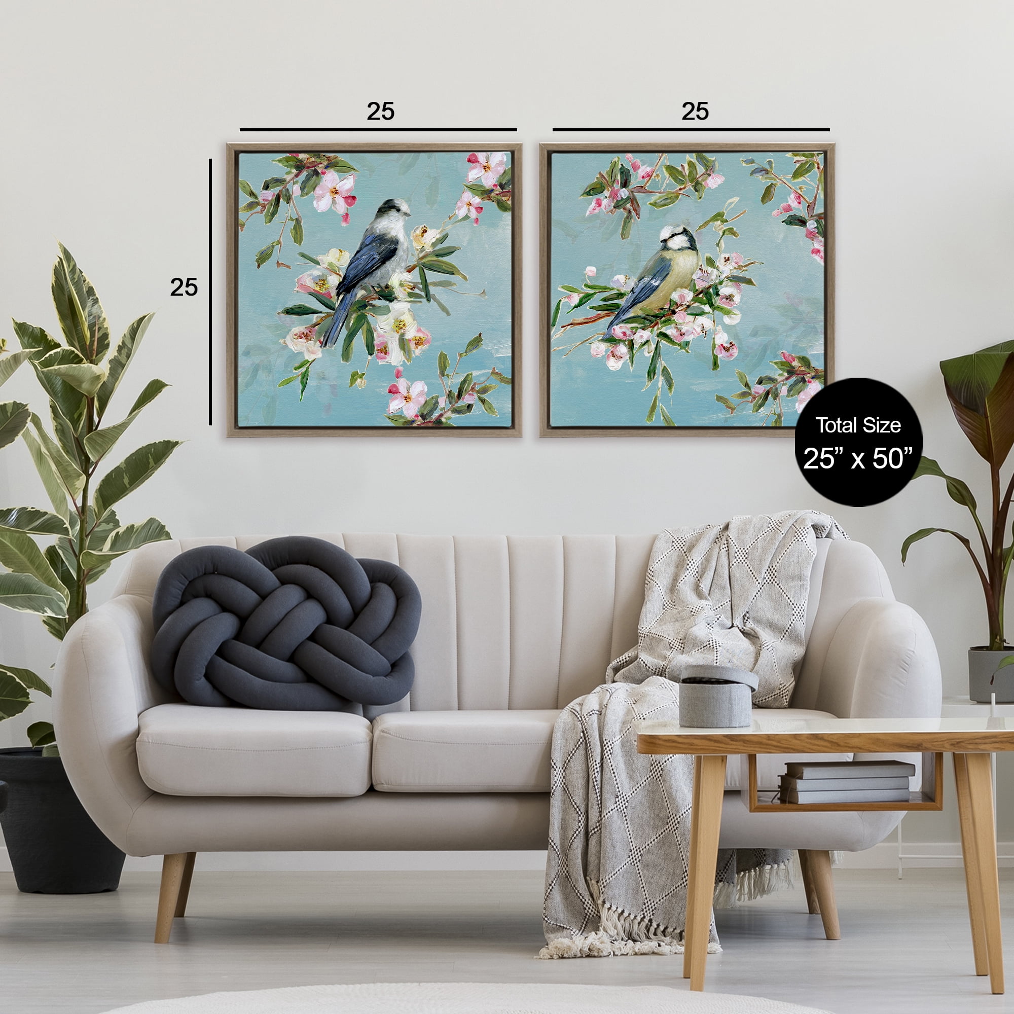 Stupell Industries Songbirds Among Spring Blossoms 2 Piece Brown Framed Floater Canvas Set, design by Sally Swatland