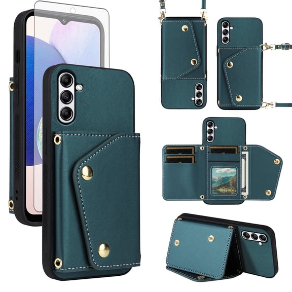 Furiet Wallet Case for Samsung Galaxy S24 FE 5G with Tempered Glass Screen Protector Slim Purse Shoulder Strap, PU Leather Card Holder Stand Phone Cover for S 24 EF AI S24FE 24S Women Men Green