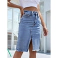 thumbnail image 6 of Women'S High Waisted Split Front Raw Hem Bodycon Midi Denim Skirt Blue M, 6 of 8