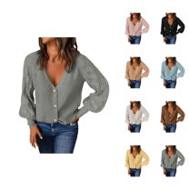 Cardigan Sweaters for Women 2025 Puff Sleeve Button V-Neck Knitted Sweater Jacket Coat Womens Cardigan Sweaters