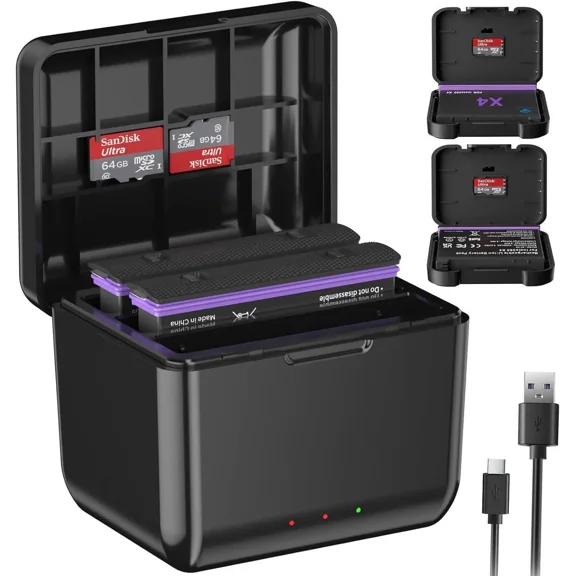 360 X4 Battery for insta360 x4, 2-Pack 2500mAh and 3-Channel Type-C Fast Charger Case Compatible with Insta360 X4 Action Camera Batteries and Charger with Misro SD Card Slots