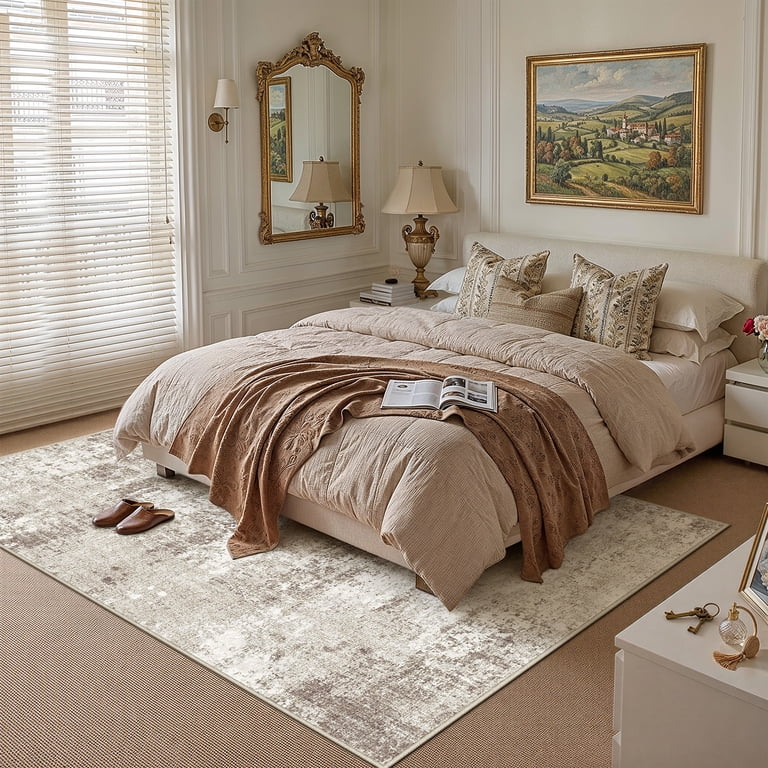 BERTHMEER 8'x10' Beige Abstract Area Rug, Non-Slip, Washable, for
