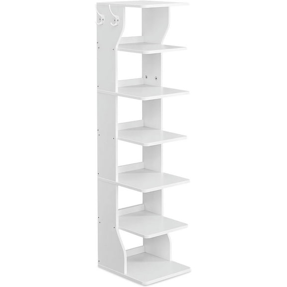 7-Tier Vertical Shoe Rack, Narrow Shoe Storage Organizer with Hooks, Slim Corner Shoe Tower Rack, Space Saving for Entryway and Bedroom, White ULBS200T14