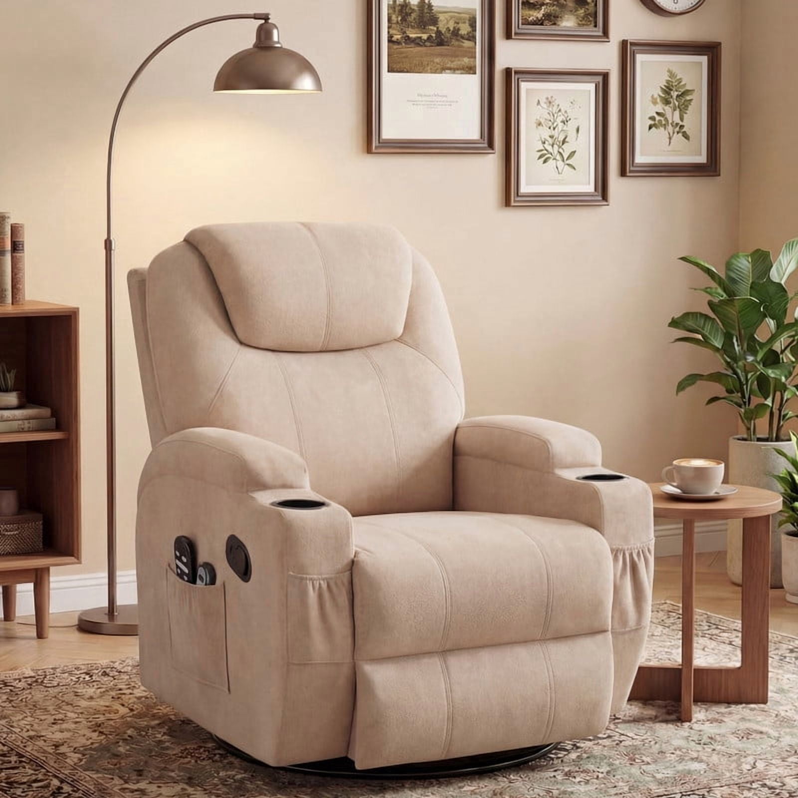 Lacoo PU Leather Swivel Rocker Recliner with Massage for Living Room Small Spaces Lounge Recliner Chair with Side Pockets for Adults,Linen Beige