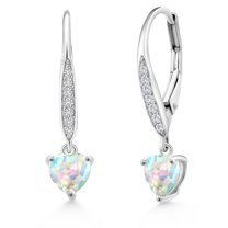 Gem Stone King 925 Sterling Silver White Opal and White Lab Grown Diamond Leverback Dangle Drop Earrings for Women (1.60 Cttw, Gemstone October Birthstone, Heart Shape 6MM)