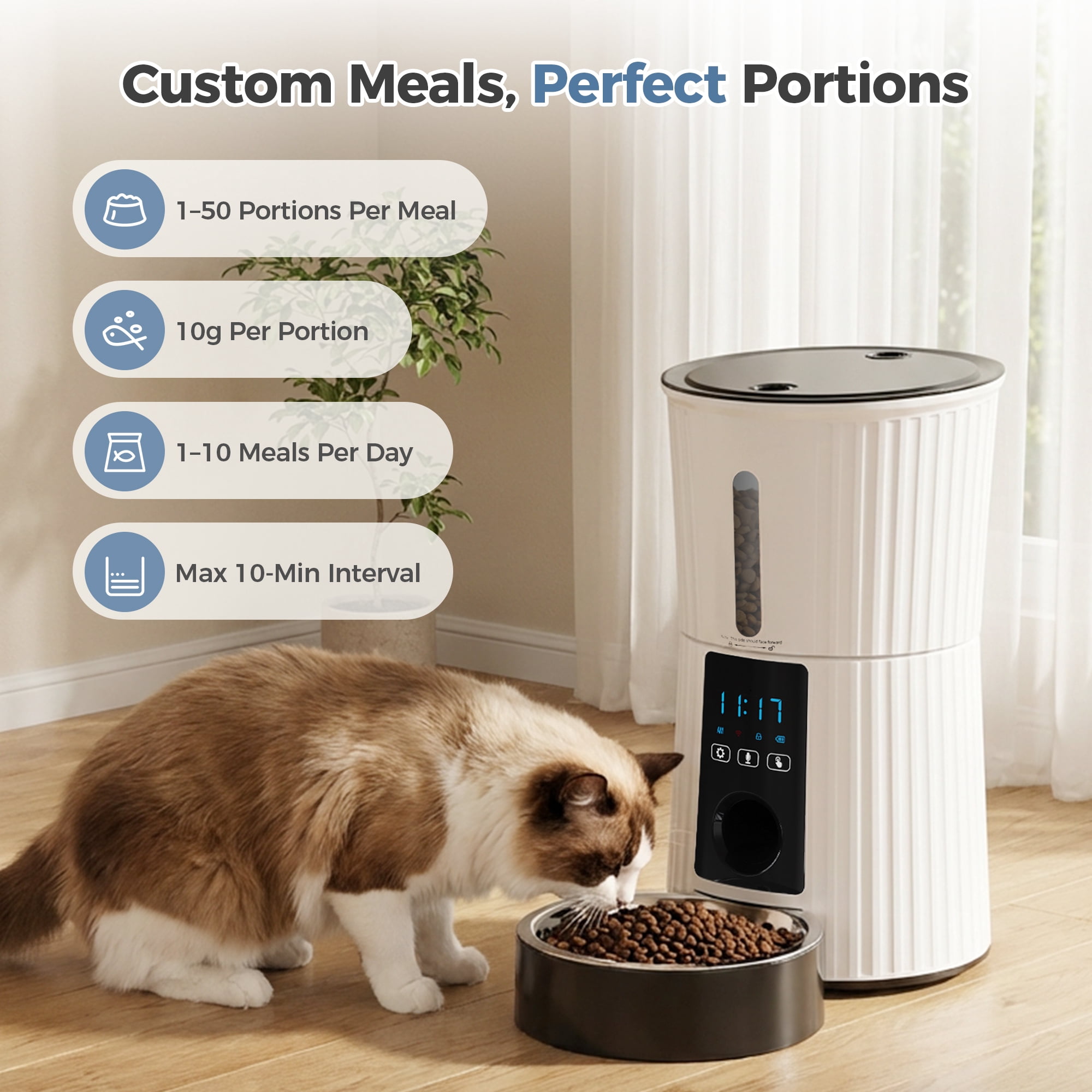 SHOUFTW 4L Automatic Pet Feeder for Cats & Dogs, Timed Dry Food Dispenser with Portion Control, Voice Recorder, Dual Power,White